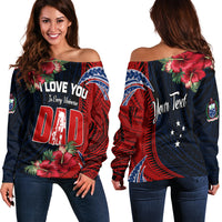 Red and navy off-shoulder sweater with hibiscus flowers and large 'DAD' graphic