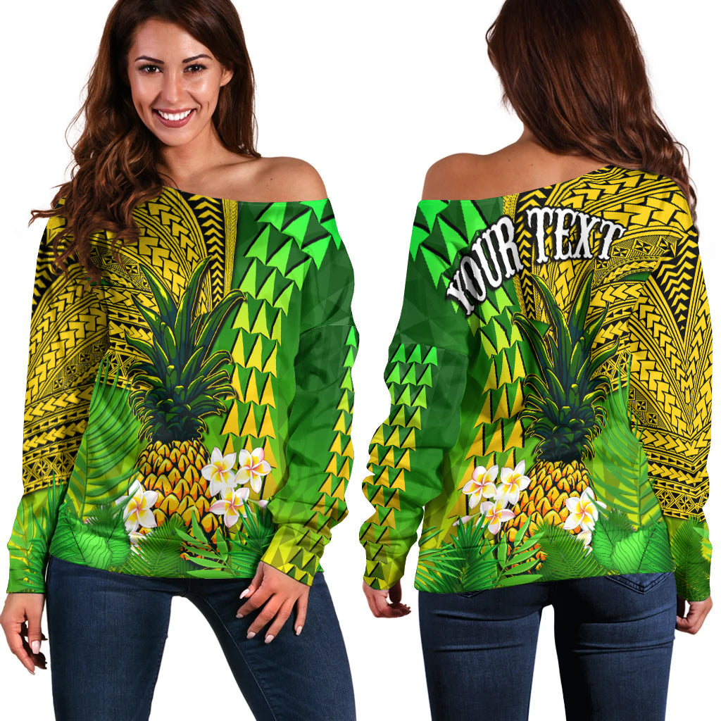 (Custom Personalised) Hawaii Pineapple Off Shoulder Sweater Plumeria Frangipani Mix Tribal Pattern LT13 - Wonder Print Shop