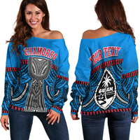 Blue off-shoulder sweater for women with CHAMORRO text and tribal oval print
