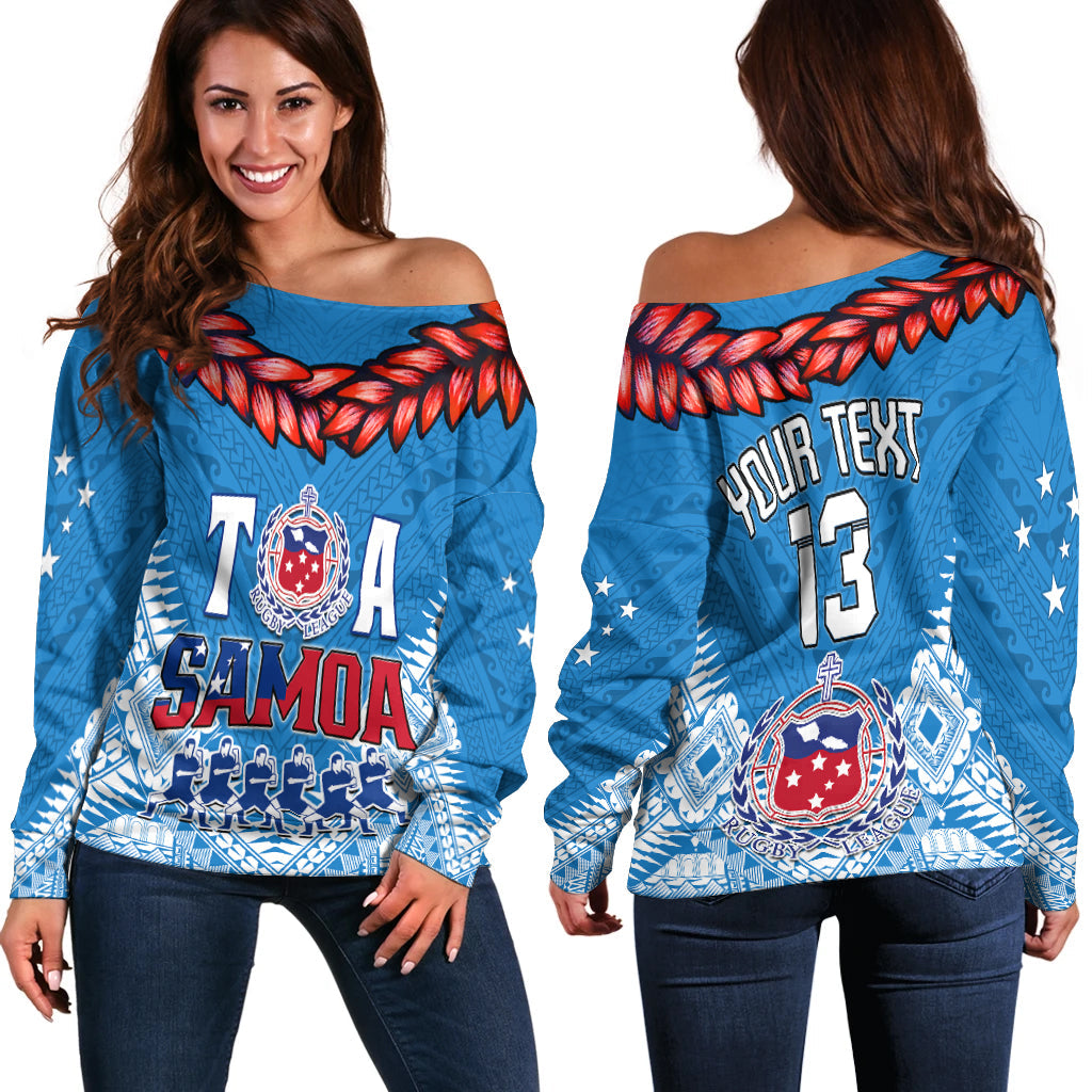 (Custom Text and Number) Toa Samoa Rugby Off Shoulder Sweater Manu Siva Tau Style Ulafala LT13 - Wonder Print Shop