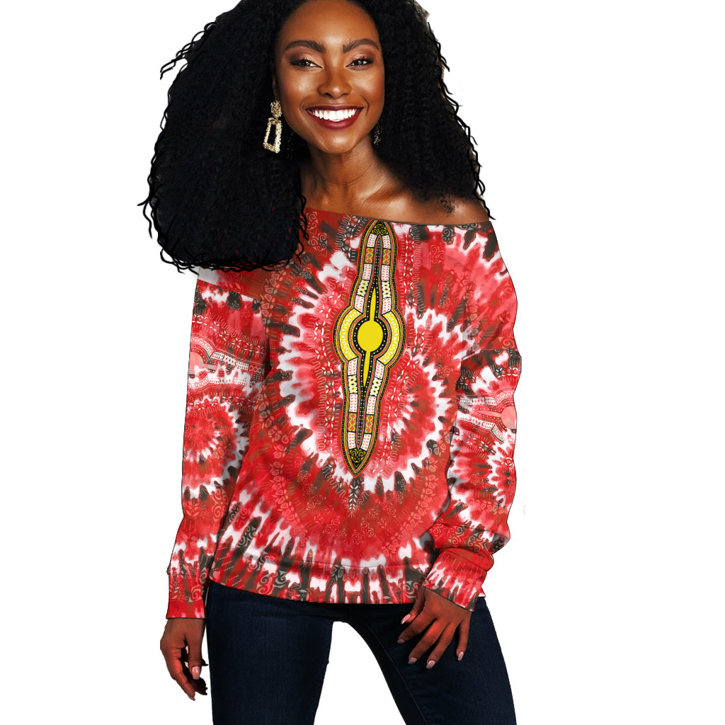 Red off-shoulder tie-dye sweater with bold central graphic, long sleeves