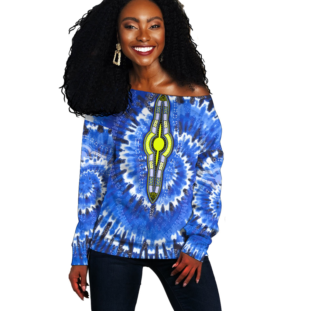 Blue tie-dye off-shoulder sweater, long sleeves, central ornament print