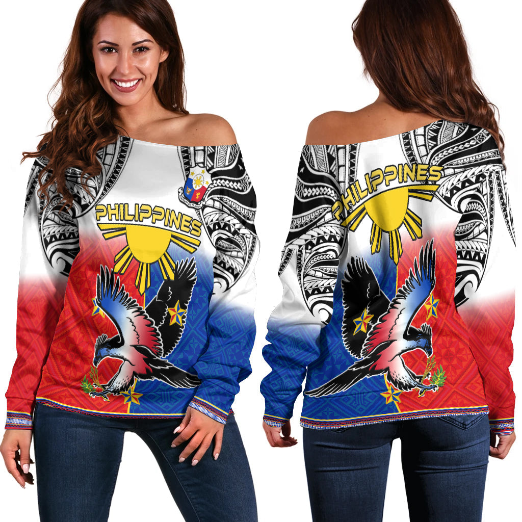 Philippines Off Shoulder Sweater Polynesian Filipino Pattern With Eagle - Wonder Print Shop