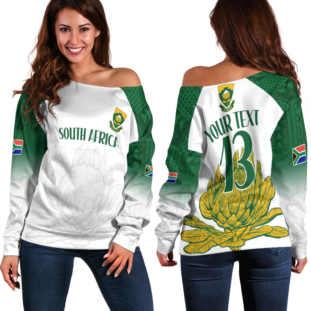 (Custom Text and Number) South Africa Cricket Off Shoulder Sweater Go Proteas Boxing Day Test LT13 - Wonder Print Shop