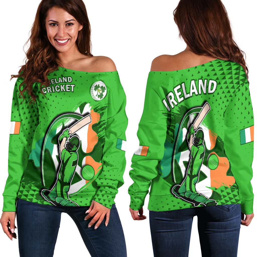 Women’s green off-shoulder cricket sweater with Ireland text, shamrock, and player graphic