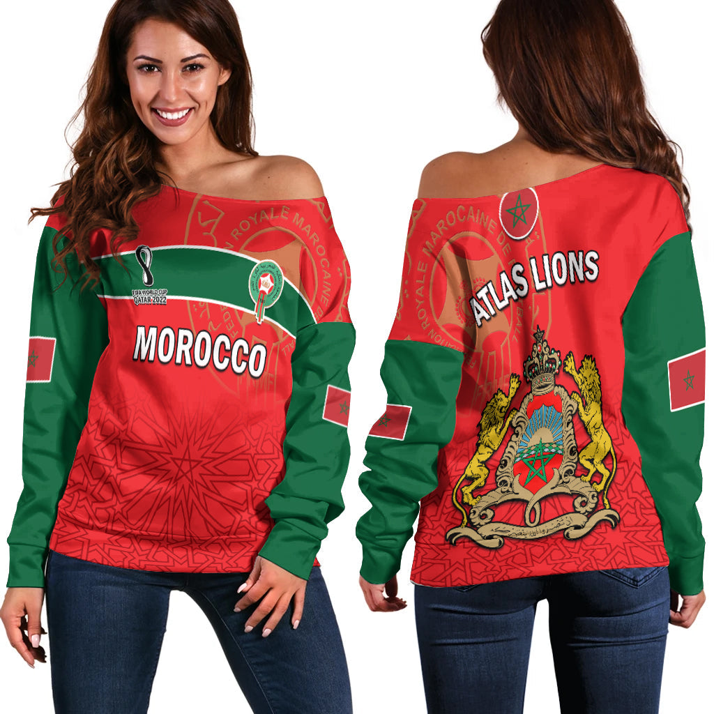 Morocco Football Off Shoulder Sweater Atlas Lions Red World Cup 2022 - Wonder Print Shop