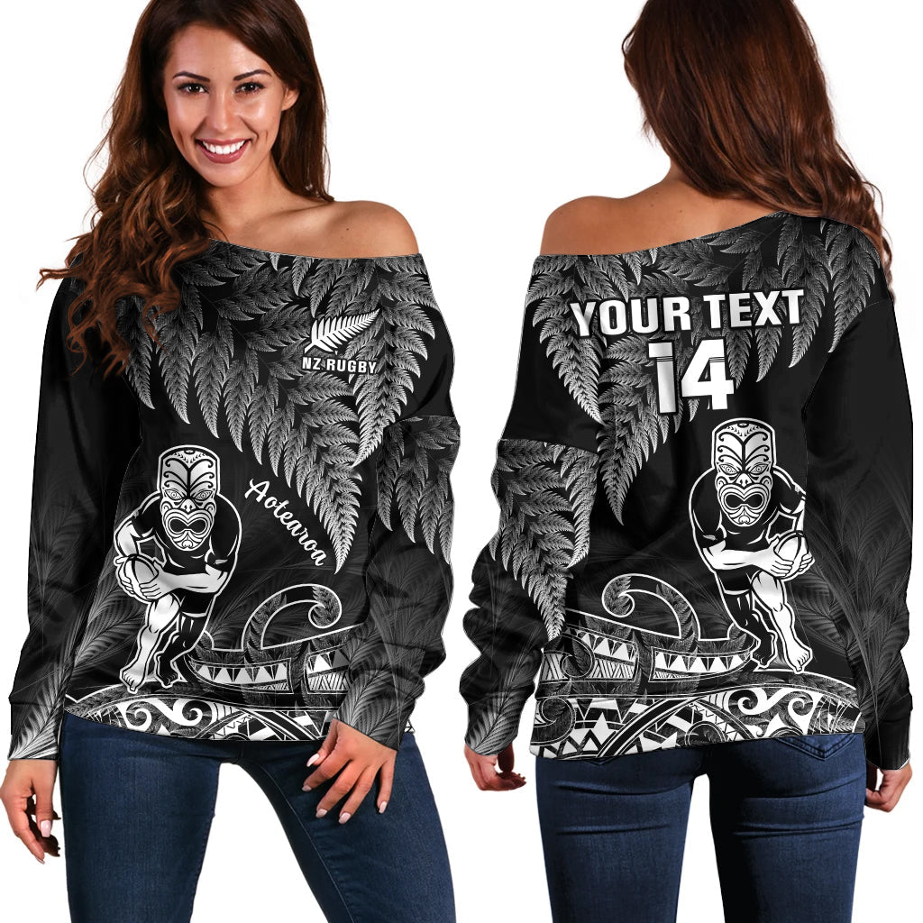 Black off-shoulder rugby sweater with fern print, 'YOUR TEXT', and 'T4'