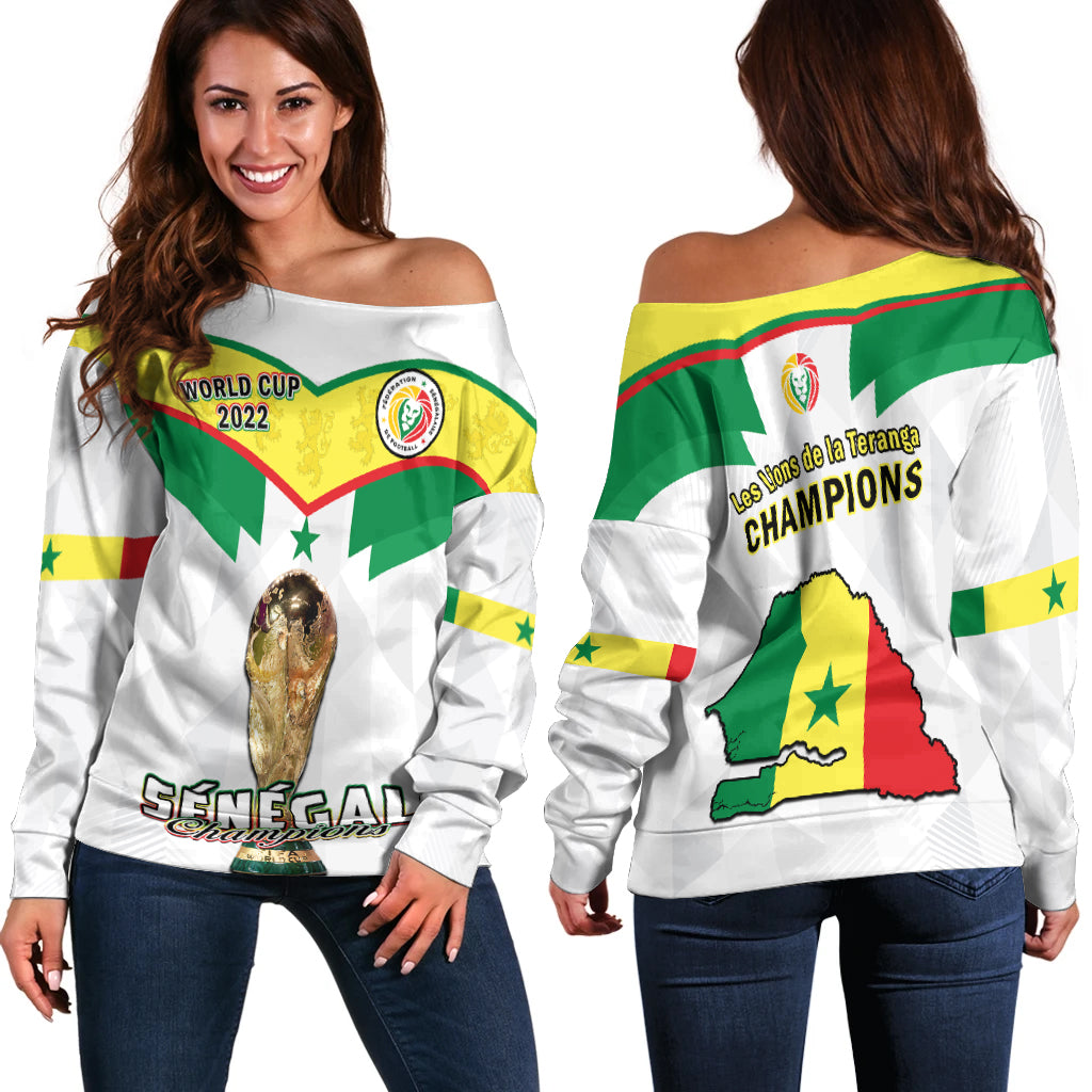 Senegal Football Off Shoulder Sweater Champions WC 2022 - Wonder Print Shop