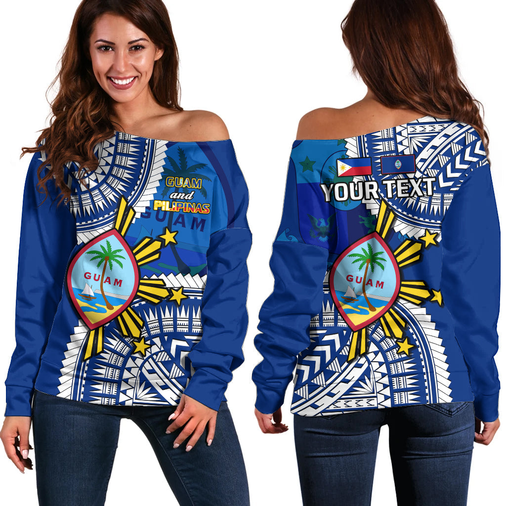 (Custom Personalised) Guam and Philippines Off Shoulder Sweater Guaman Filipinas Together Blue - Wonder Print Shop