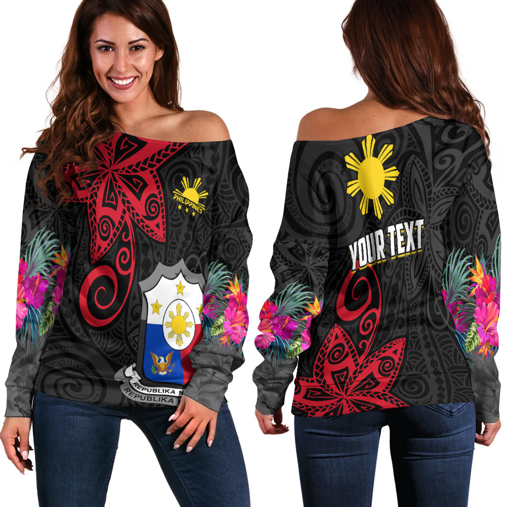 (Custom Personalised) Philippines Off Shoulder Sweater Sun Filipino Polynesian mix Flowers Black Vibe LT13 - Wonder Print Shop