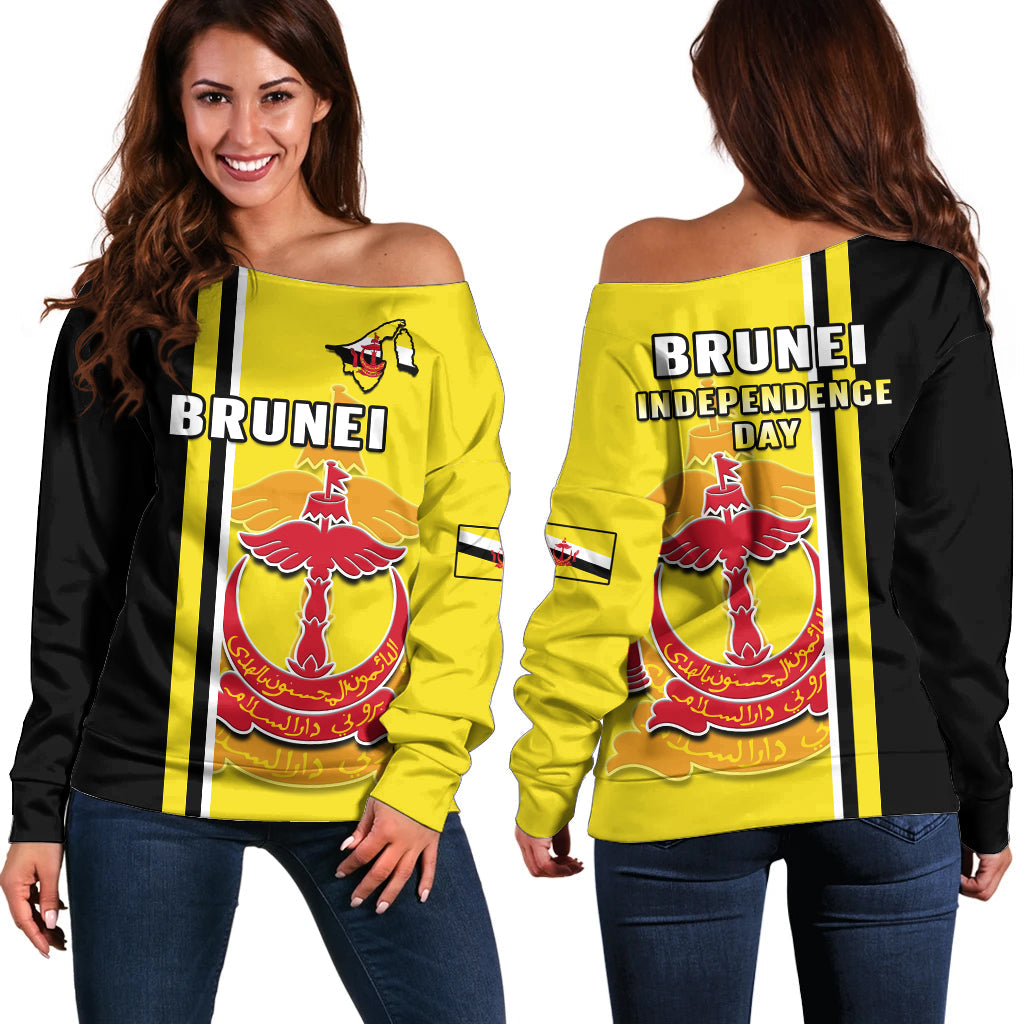 Women’s yellow off-shoulder sweater with Brunei Independence Day print and black side stripes