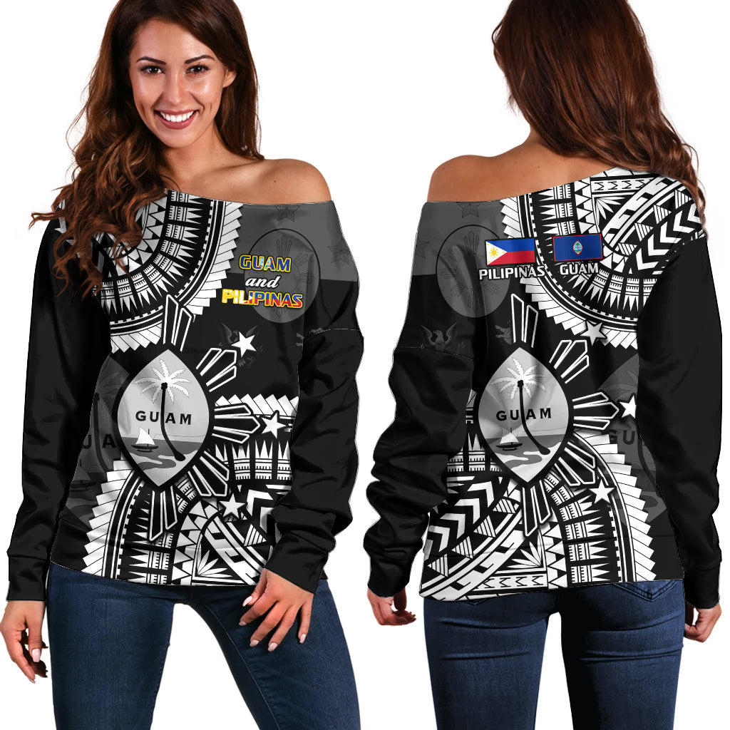 Guam and Philippines Off Shoulder Sweater Guaman Filipinas Together Black - Wonder Print Shop