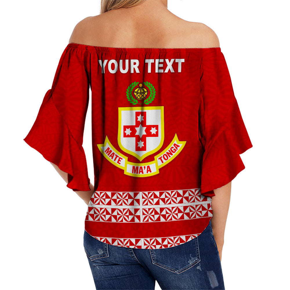 Red off-shoulder wrap top, back view with crest and custom text area
