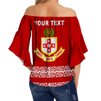 Red off-shoulder wrap top, back view with crest and custom text area