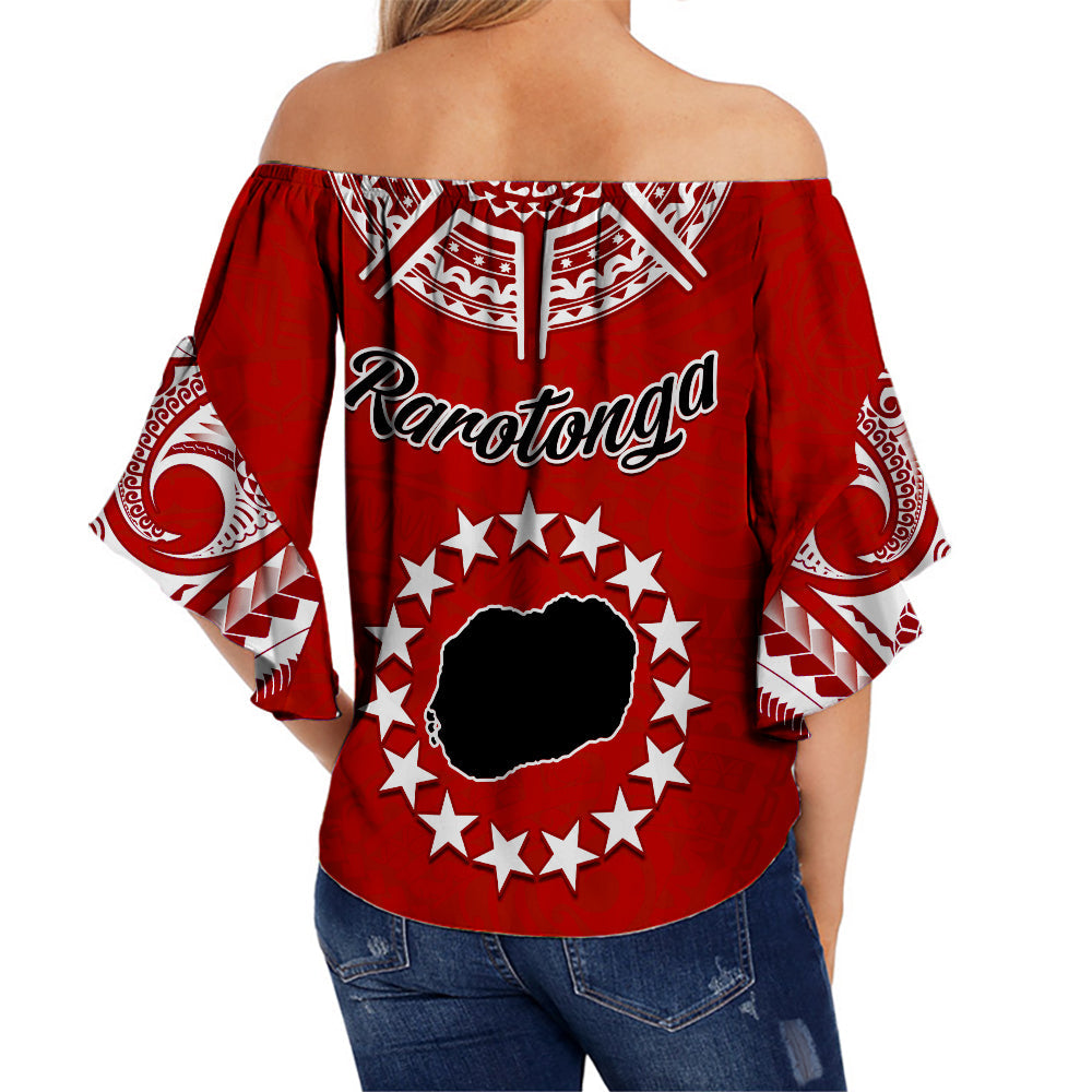Red off-shoulder wrap top with Rarotonga text, star wreath, and turtle graphic