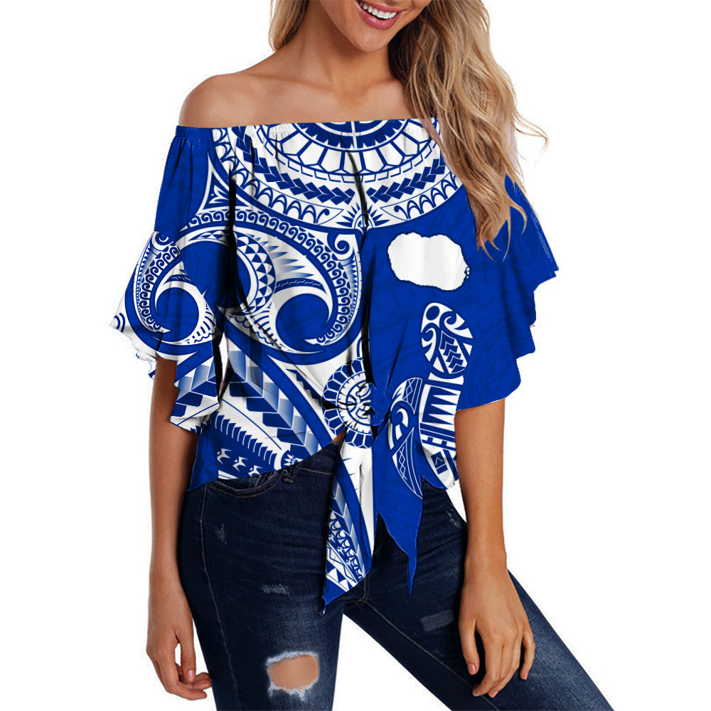 Blue off-shoulder wrap waist top with turtle and map-style print, tie front