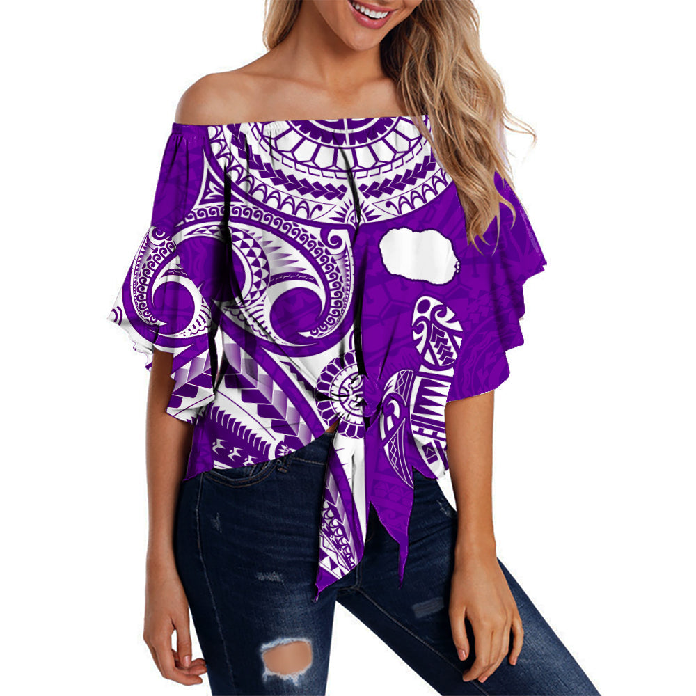 Purple off-shoulder waist wrap top with turtle and map print, 3/4 sleeves