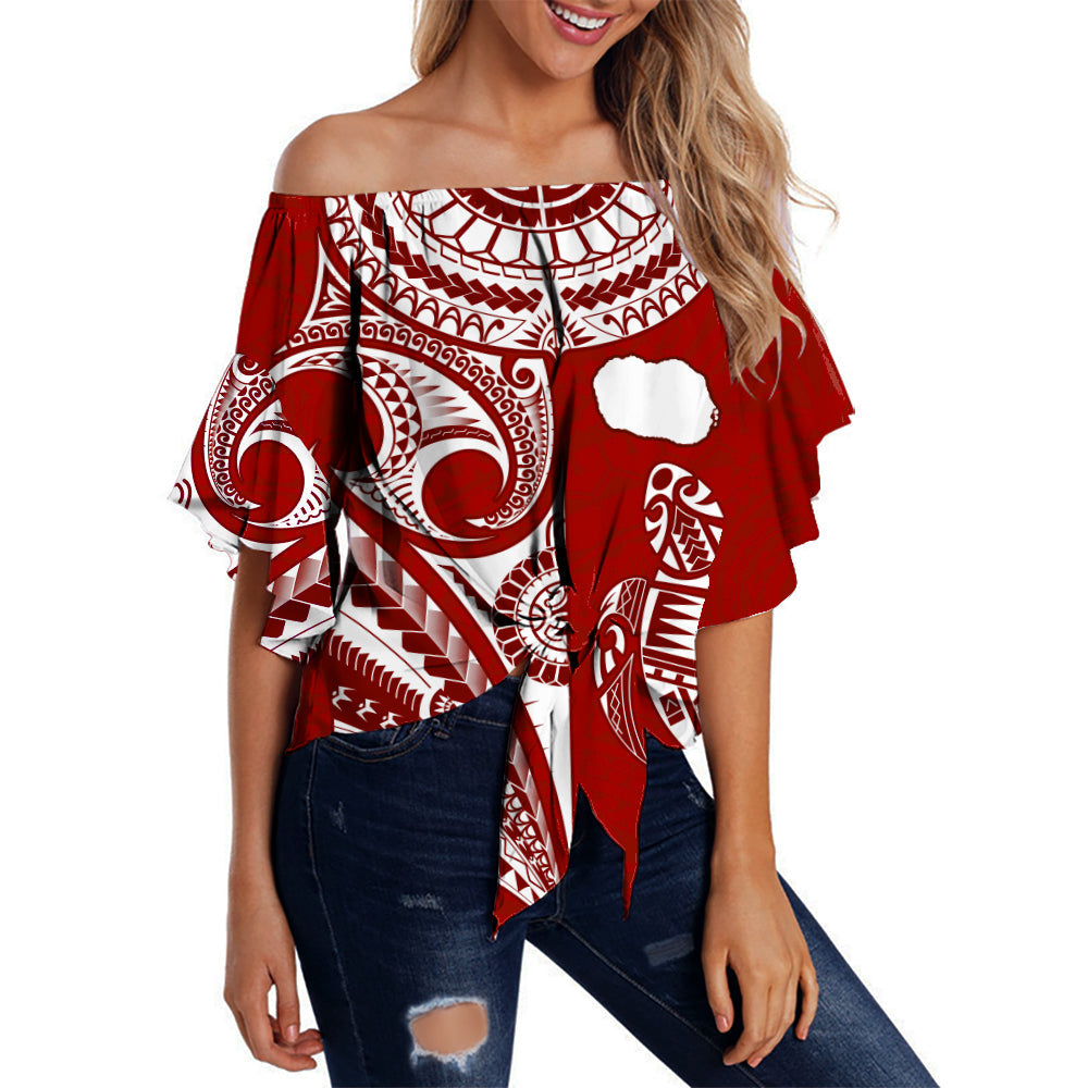 Red off-shoulder waist wrap top with white tribal turtle and map print