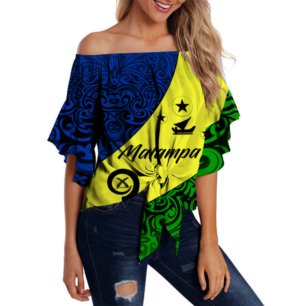 Off-shoulder waist wrap top with Malampa print, yellow and blue pattern, women