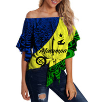 Off-shoulder waist wrap top with Malampa print, yellow and blue pattern, women