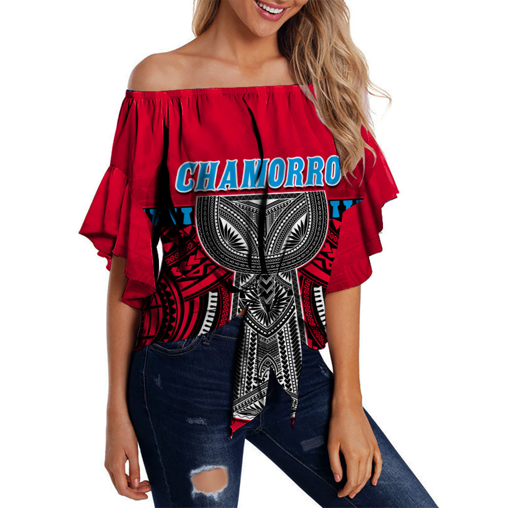 Red off-shoulder waist wrap top with Guam Chamorro graphic print, for women