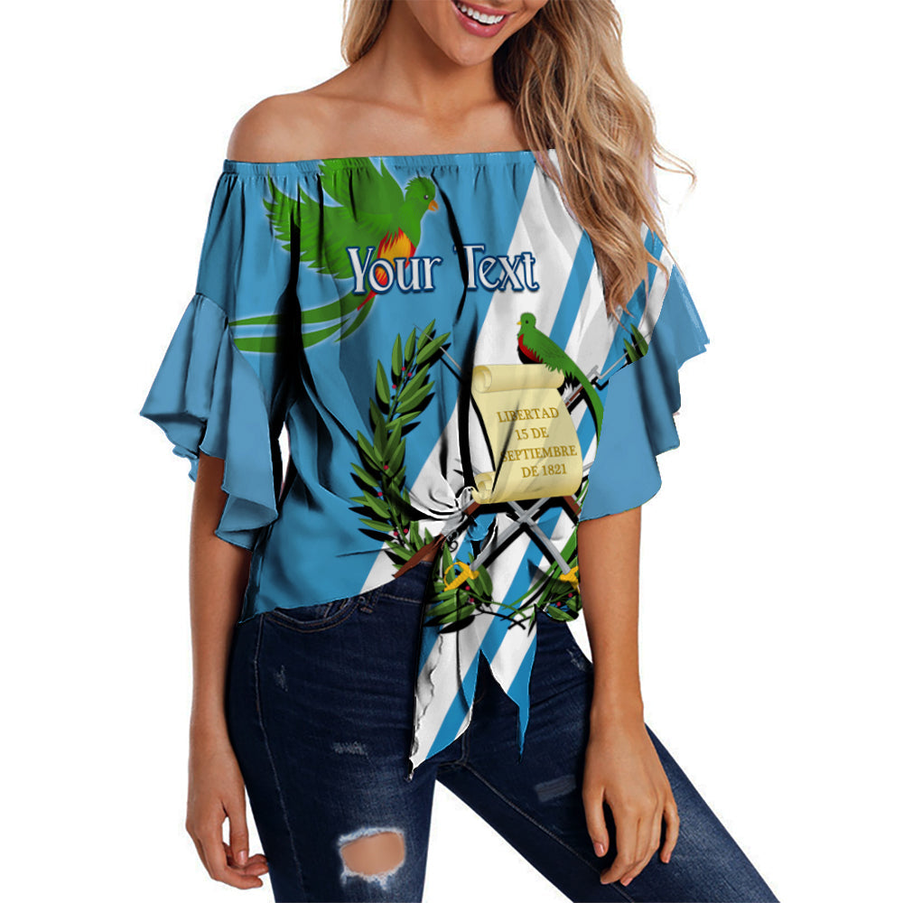 Off-shoulder blue waist wrap top for women, quetzal print with banner text LT13