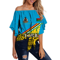 Blue off-shoulder waist wrap top with Vanuatu-themed graphic print