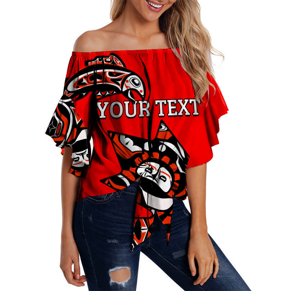 Red off-shoulder wrap top, black/white Haida-style graphic, 3/4 sleeves