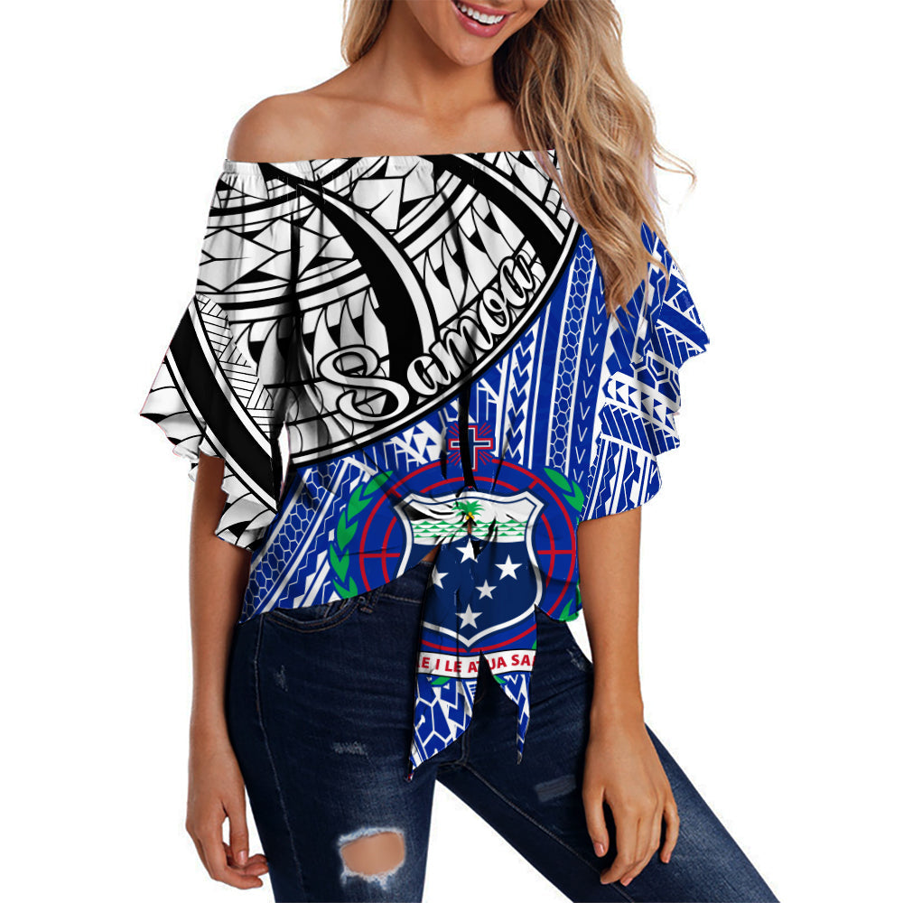 Women off-shoulder waist wrap top, blue tribal print with cross emblem detail