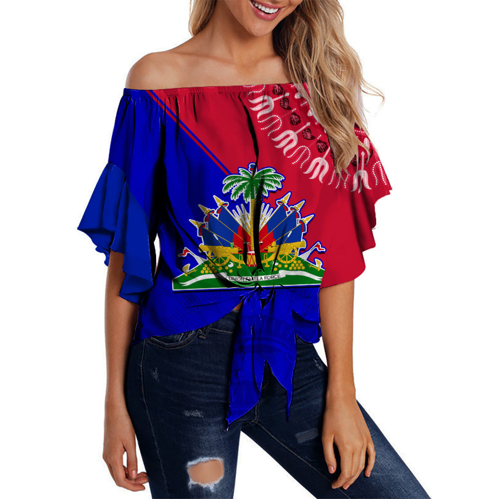 Women off-shoulder wrap waist top, red/blue Haiti flag dashiki print, ruffled sleeves