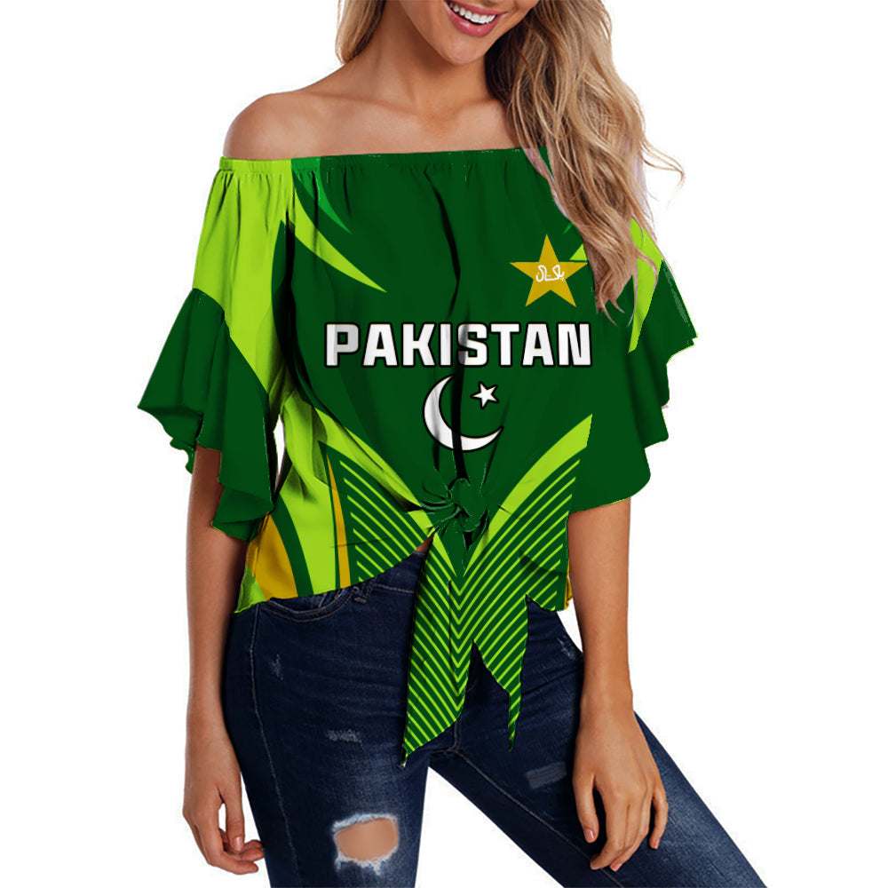 Women’s green off-shoulder top with flared sleeves and Pakistan cricket graphic