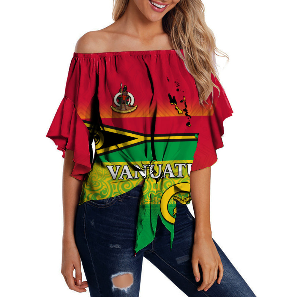 Red off-shoulder waist wrap top for women with Vanuatu map and flag print