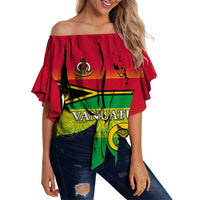 Red off-shoulder waist wrap top for women with Vanuatu map and flag print