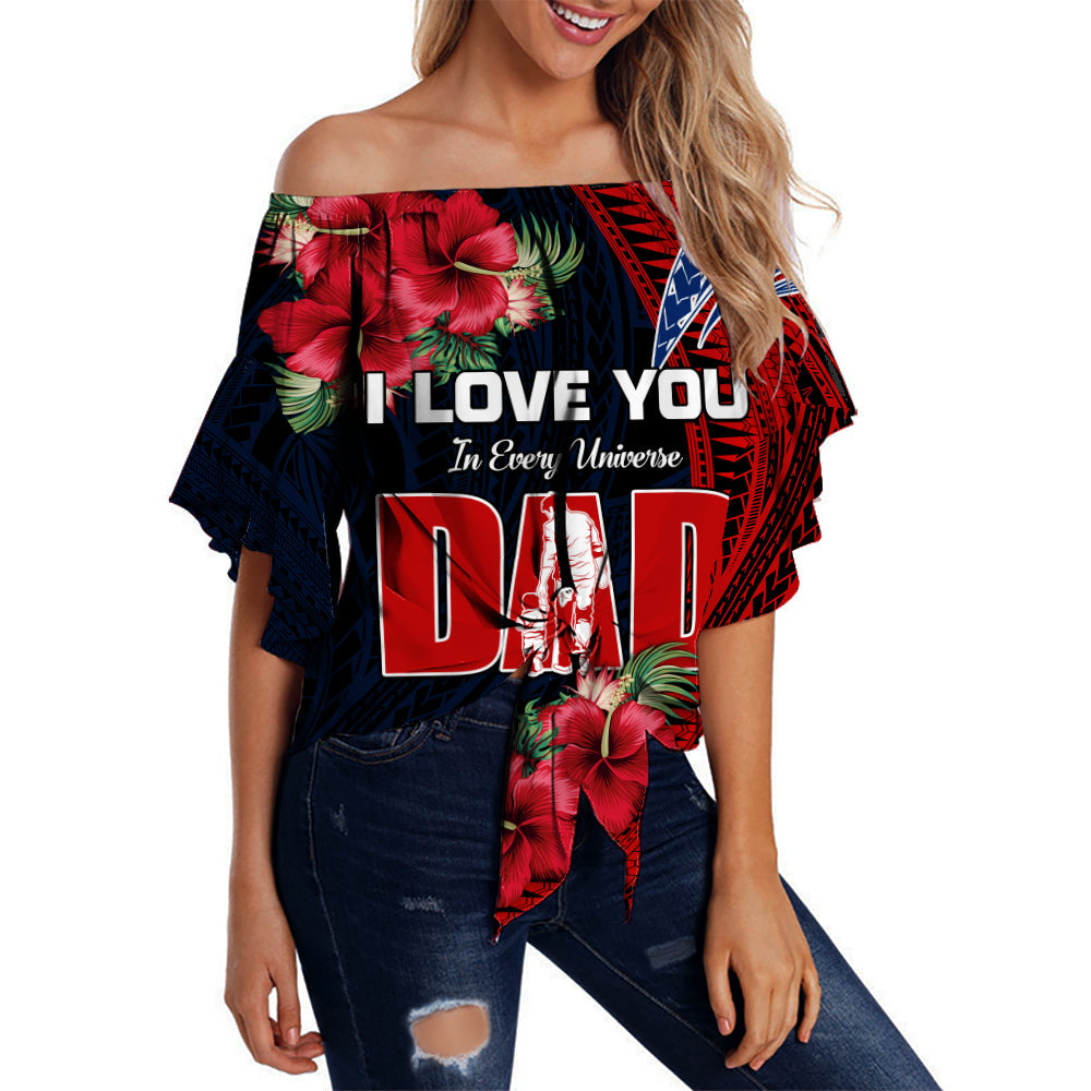 Women off-shoulder wrap top in black with hibiscus print and 'I LOVE YOU' DAD text