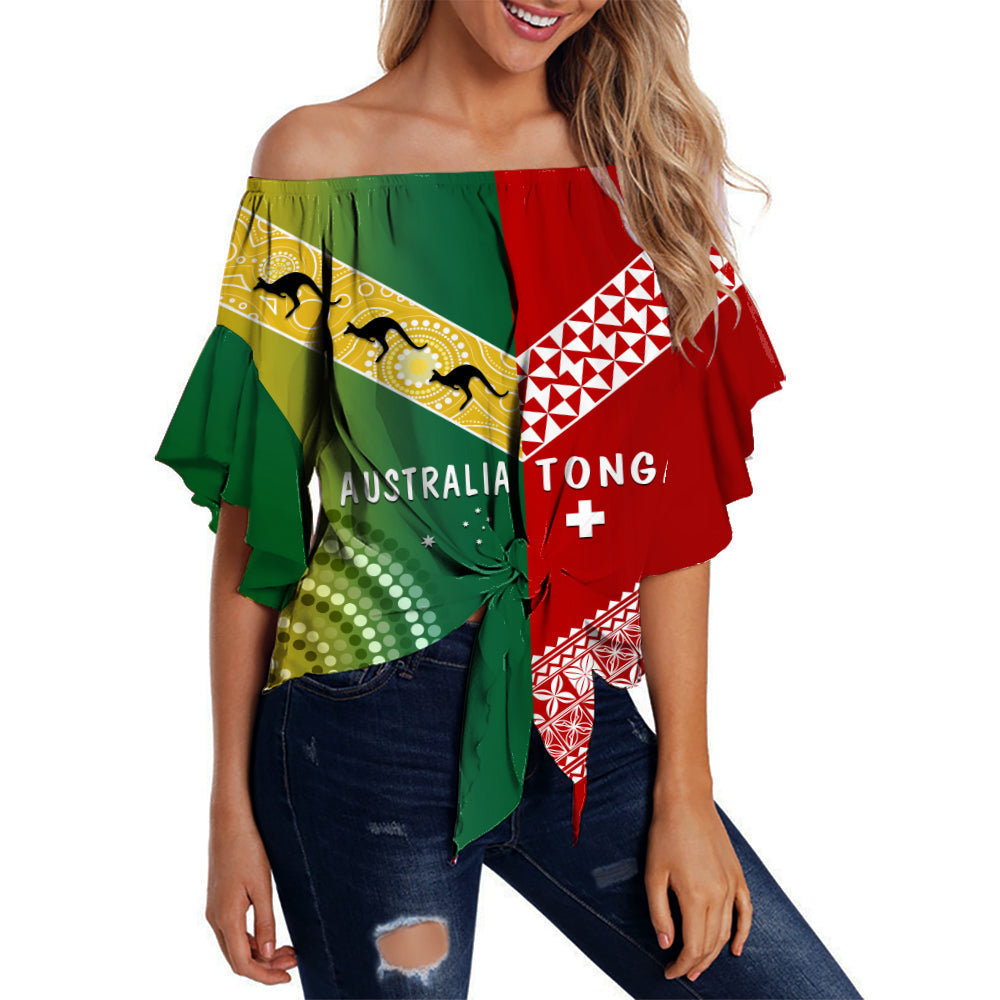 Women off-shoulder waist wrap top, green red yellow Australia & Tonga print, tied front
