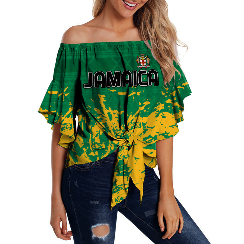 Jamaica off-shoulder wrap waist top in green with yellow flag pattern, Women