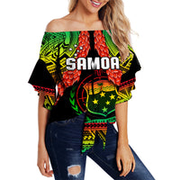 Off-shoulder waist wrap top with multicolor Samoa tribal graphic and short flared sleeves
