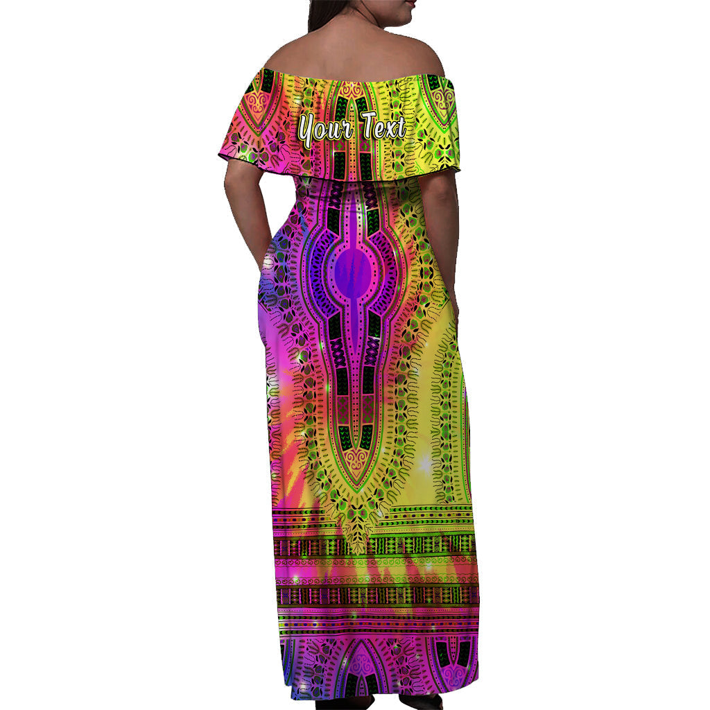 Back off-shoulder long dress with 'Your Text' print, multicolor dashiki pattern
