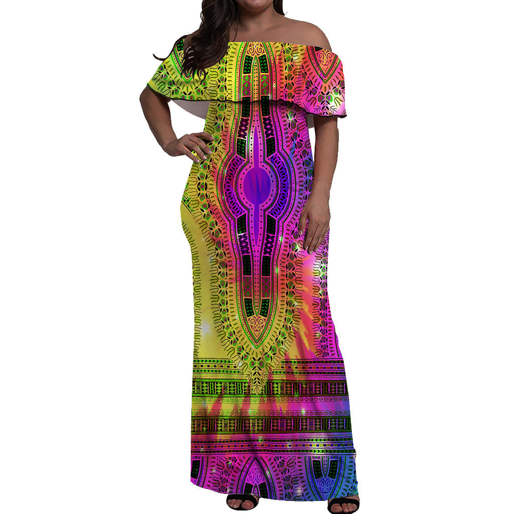 Off-shoulder long dashiki dress, multicolor tie-dye pattern, front view