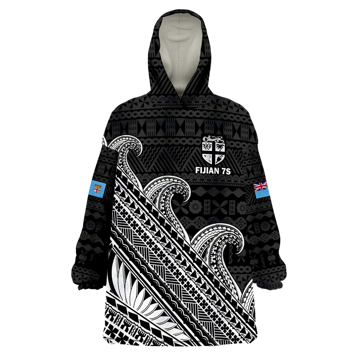 Unisex hoodie blanket with black tapa Polynesian pattern, Fiji Sevens badge, hood
