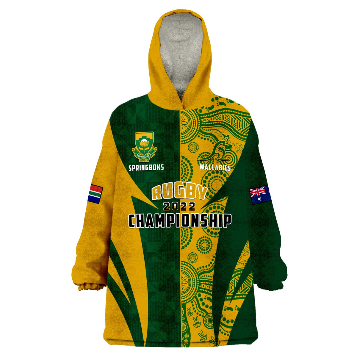 Rugby hoodie blanket with yellow hood, green/yellow panels, team logos and Rugby 2022 text