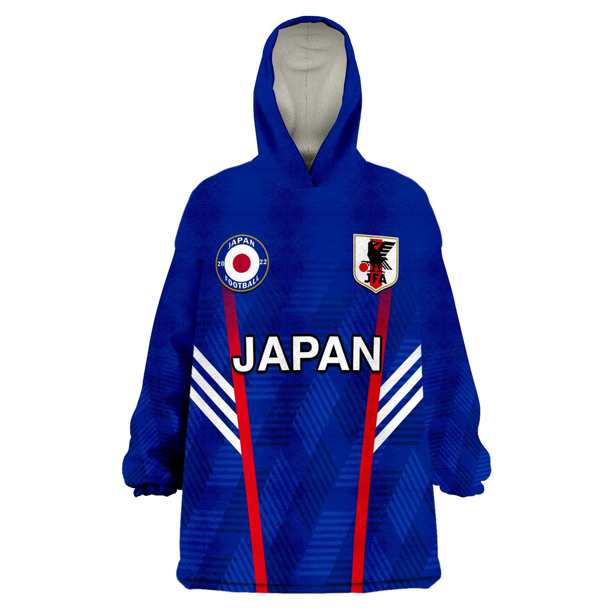 Blue wearable blanket hoodie with Japan crest, JAPAN text, red stripes and white chevrons