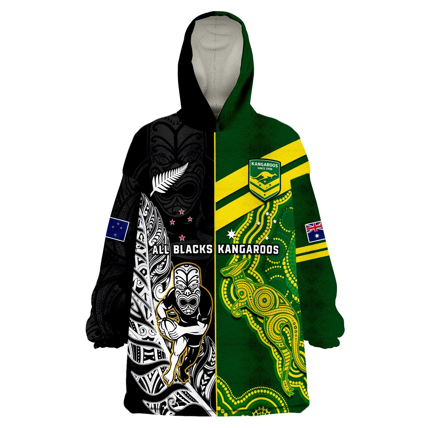 custom-personalised-australia-kangaroos-and-all-black-rugby-wearable-blanket-hoodie-aboriginal-mix-nz-maori-fern