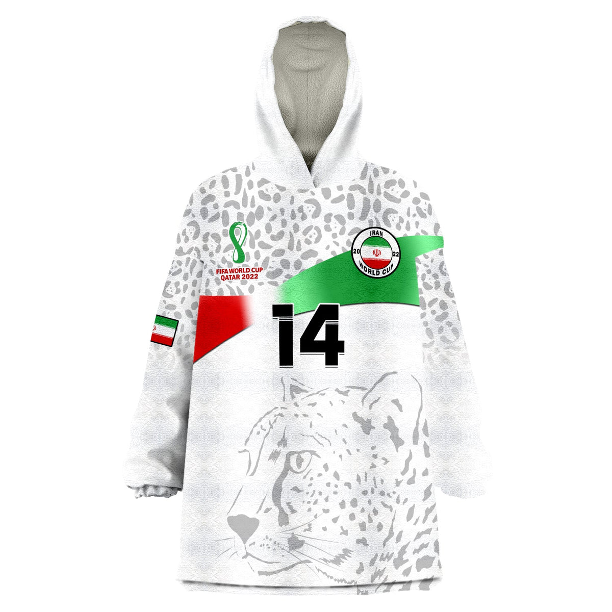 Hoodie blanket with white leopard pattern, green stripe, and bold number 14 on front