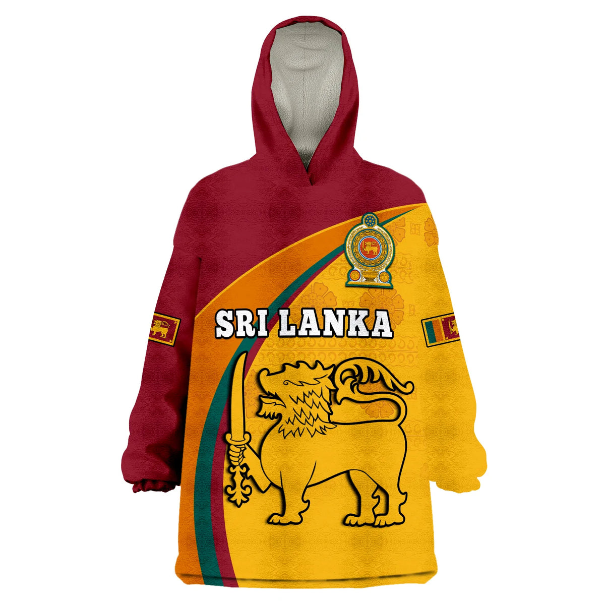 Wearable blanket hoodie with hood, burgundy/yellow Sri Lanka lion graphic