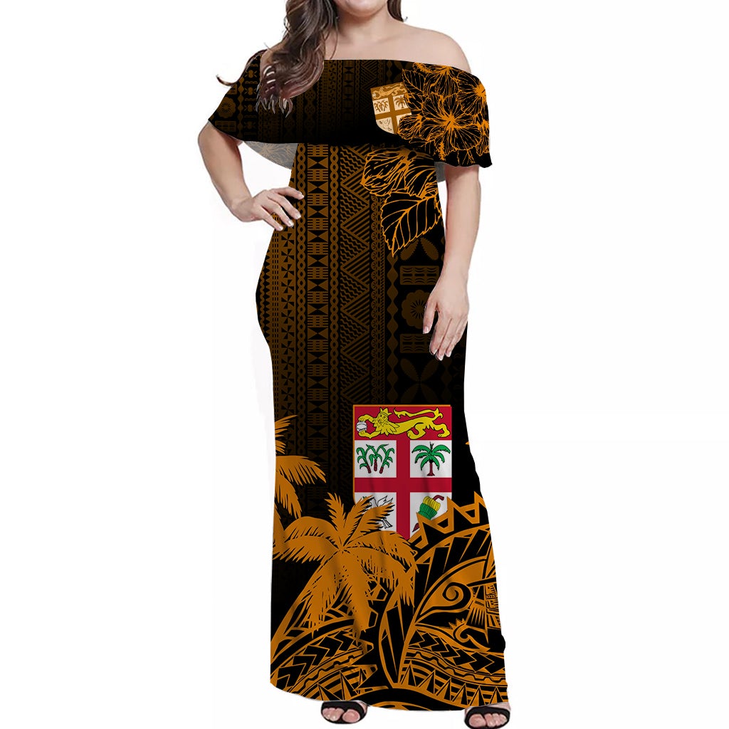 Orange off-shoulder long dress, tapa & wave print, relaxed fit