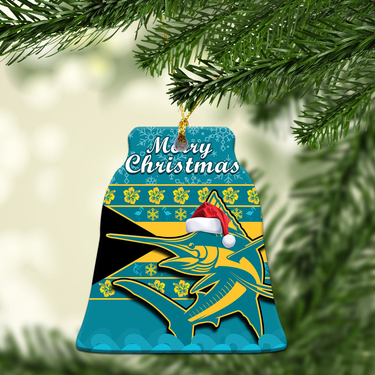 Blue marlin Merry Christmas ceramic ornament with Santa hat, hanging on gold loop