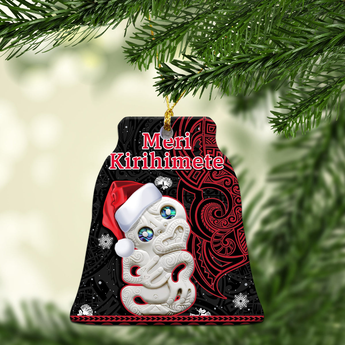 Tree ceramic ornament: Meri Kirihimete, red/black Maori pattern, Santa face