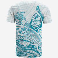 Camiseta azul cerúlea: estampado espalda con tortugas y emblema Guam, estilo tribal