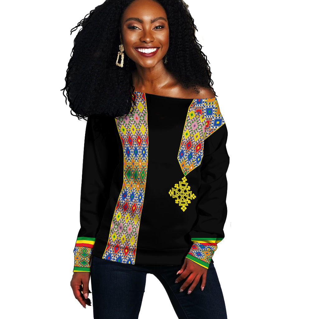 Habesha Tilet Pattern Off Shoulder Sweater Ethiopia Emblem - Wonder Print Shop